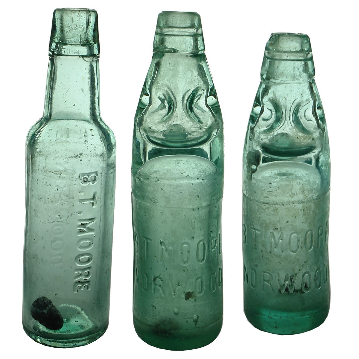 Three B. T. Moore, Norwood bottles. Lamont and 2 Codds. (South Australia)