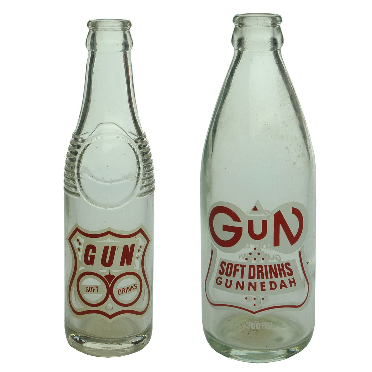 Two Ceramic Label Crown Seals from Gun Soft Drinks, Gunnedah. 7 oz and 300 ml. (New South Wales)