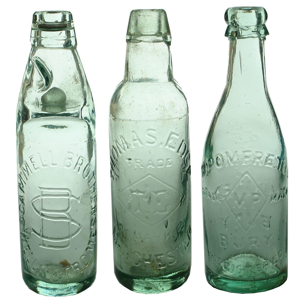 Three English Bottles: Codd, Lamont & Blob Top. Aqua. 10 oz. (UK)