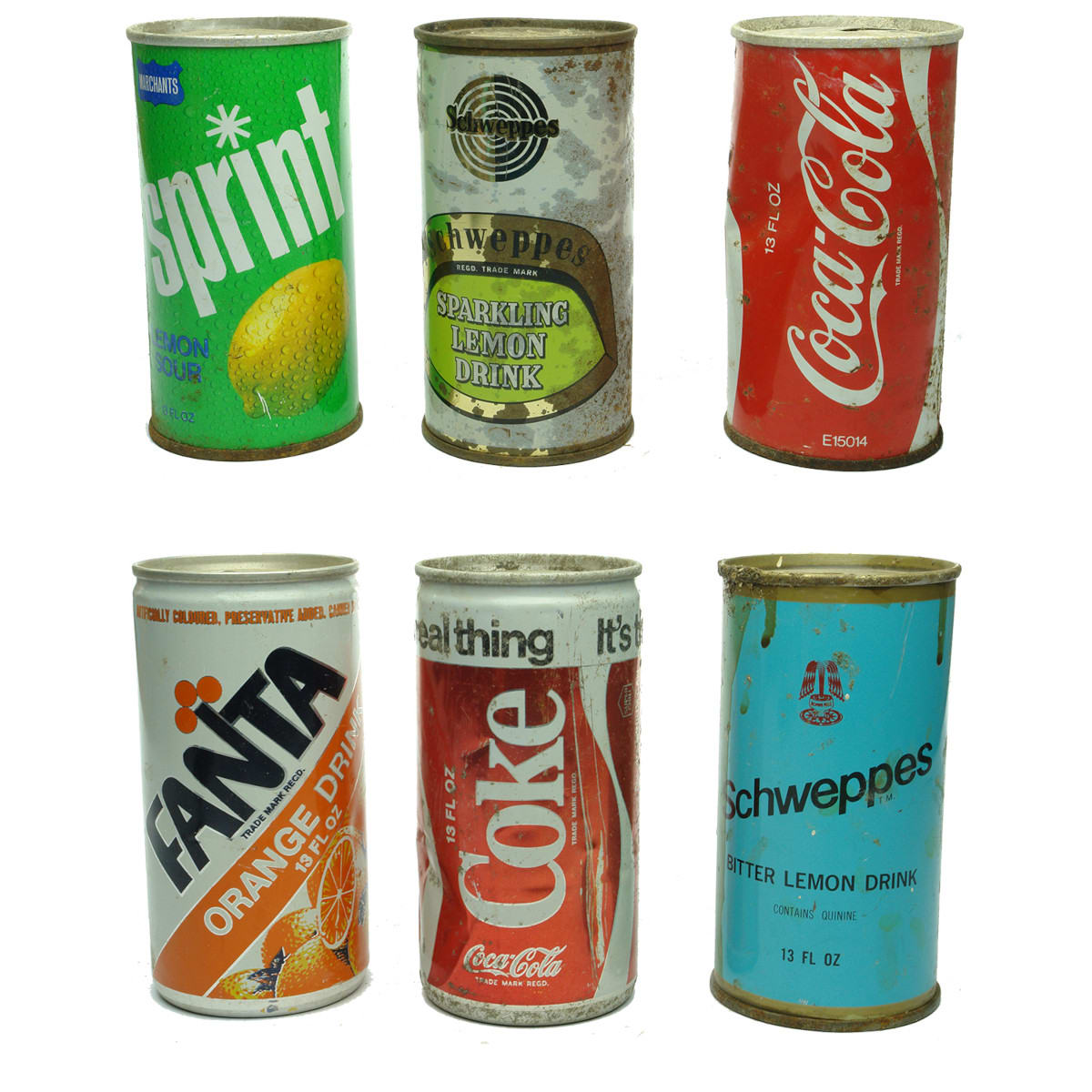 6 Soft Drink Cans: 2 x Coke; Fanta; 2 x Schweppes; 1 x Marchants Sprint.