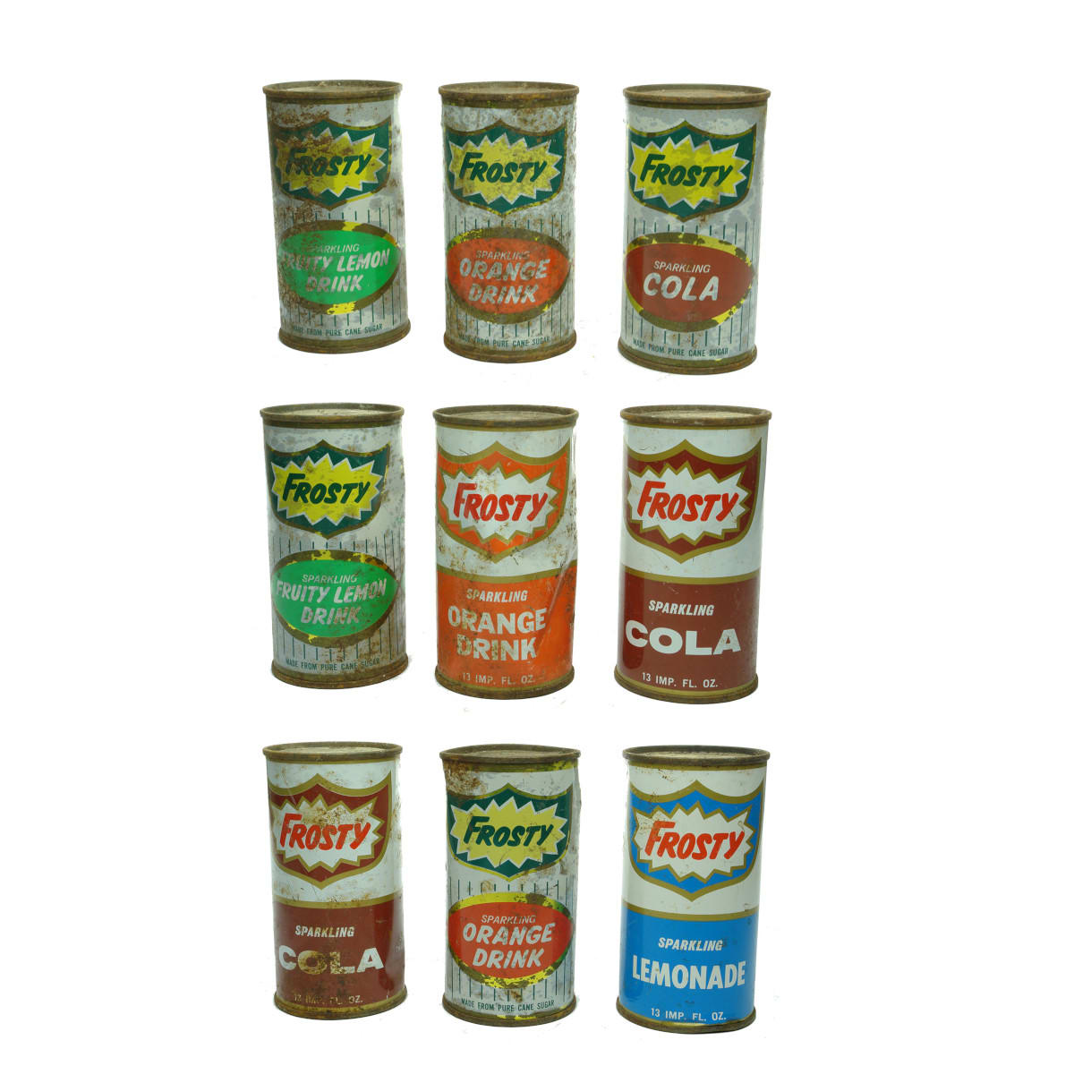 9 Frosty Soft Drinks Pty Ltd Sydney Cans. Various products and two styles.  (New South Wales)