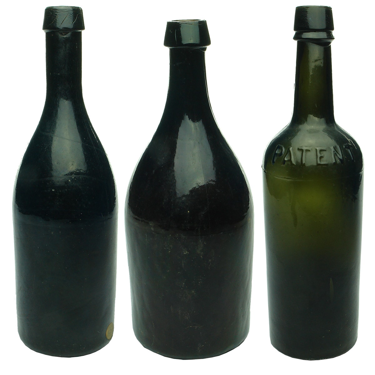 Three Black Glass Bottles. Tall and Squat Machen Liverpool Beers. Powell & Ricketts Patent.