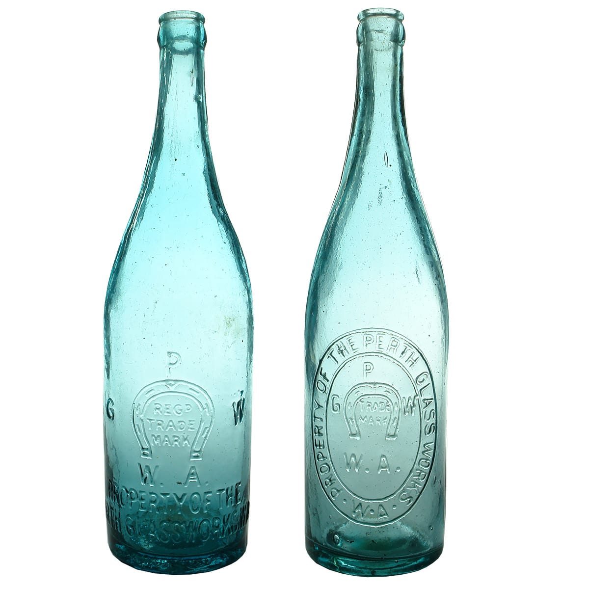 Pair of Crown Seal Beers. Perth Glass Works. Pale Blue & Ice Blue. 26 oz. (Western Australia)