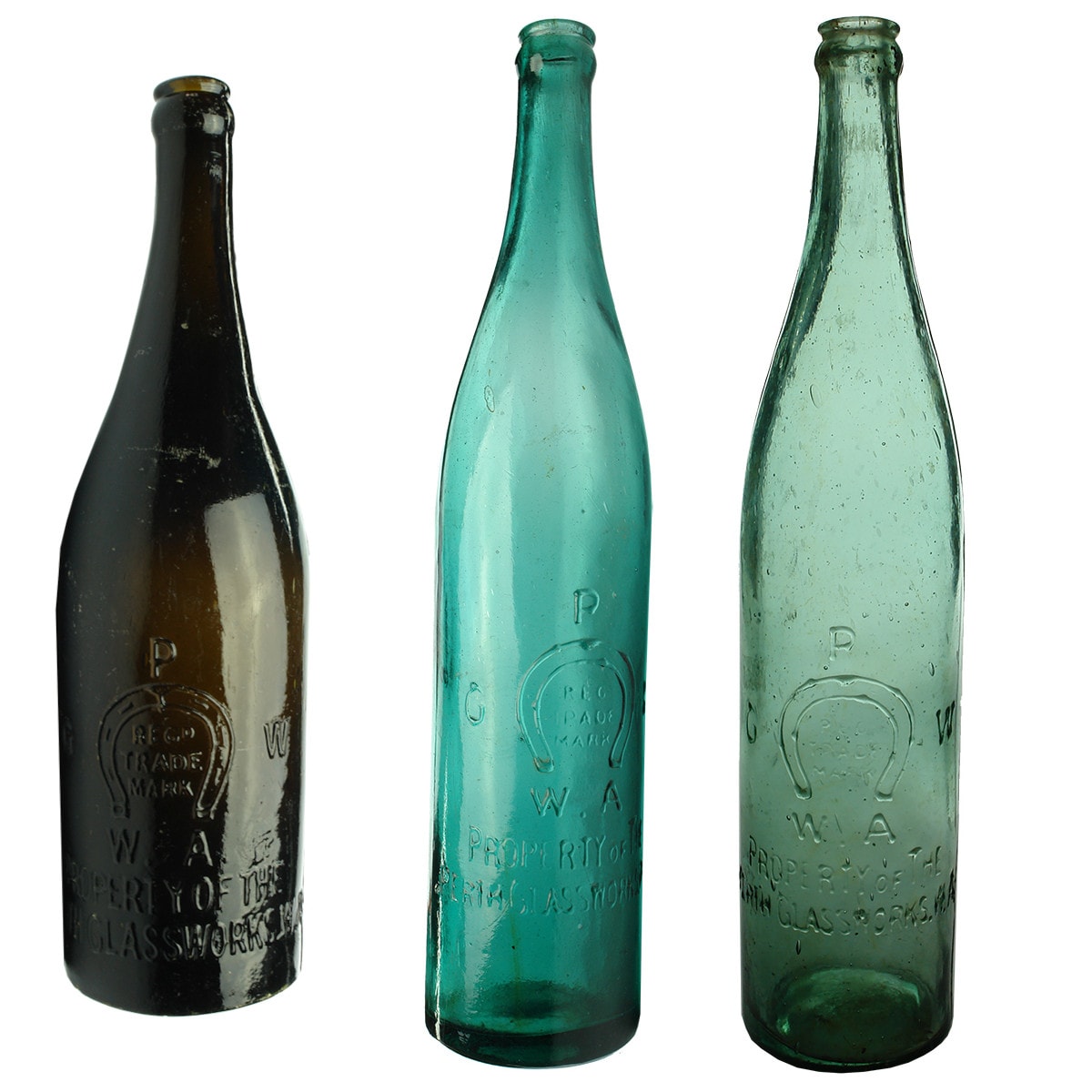 Three Perth Glass Works Crown Seal Beers: Black, Green & Aqua. (Western Australia)