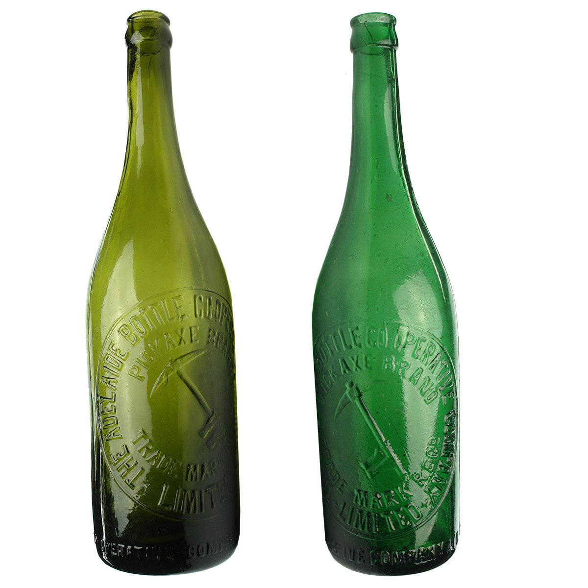 Pair of Adelaide Bottle Co-operative Beers. Pickaxe Brand. Green & Emerald Green. Crown Seal. (South Australia)