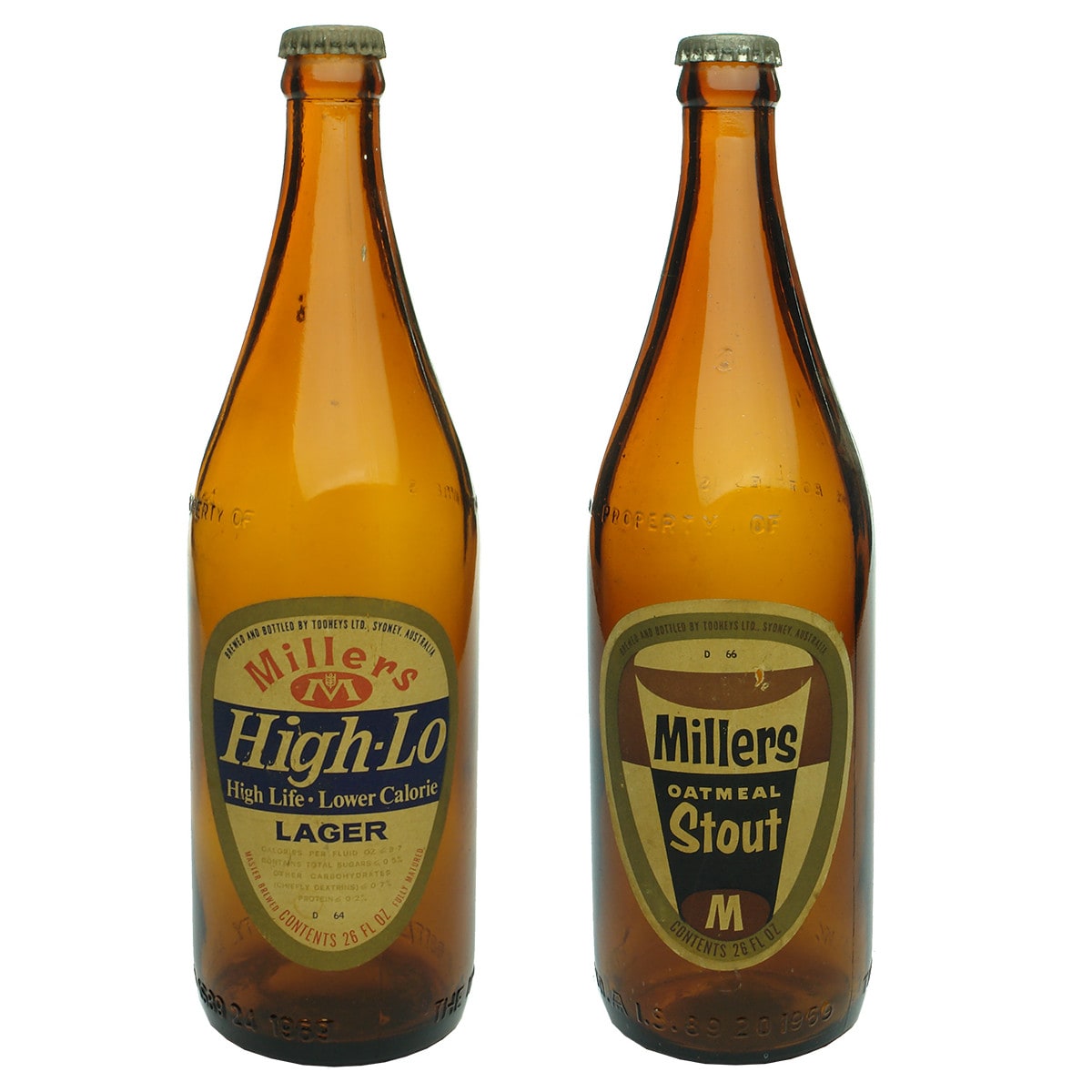 Pair of labelled Millers Beers, Tooheys Ltd., Sydney. Amber. 26 oz. (New South Wales)