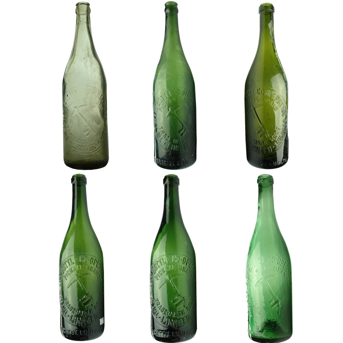 Six various Adelaide Bottle Co-op, Pickaxe Brand, Beer Bottles. (South Australia)