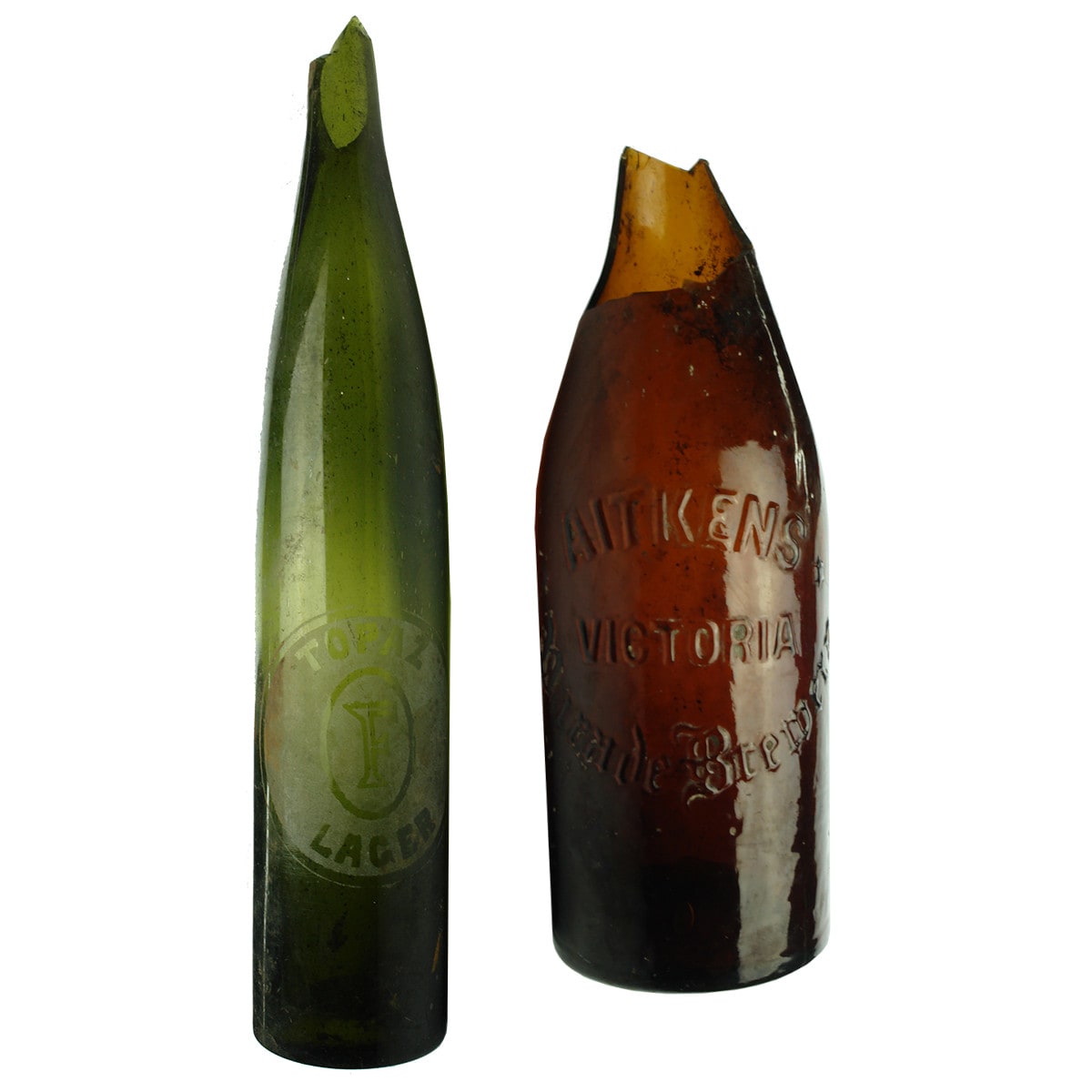 Two broken Melbourne Beer Bottles! Sandblasted Fosters Topaz Lager and Aitken's Victoria Parade Brewery amber. (Victoria)