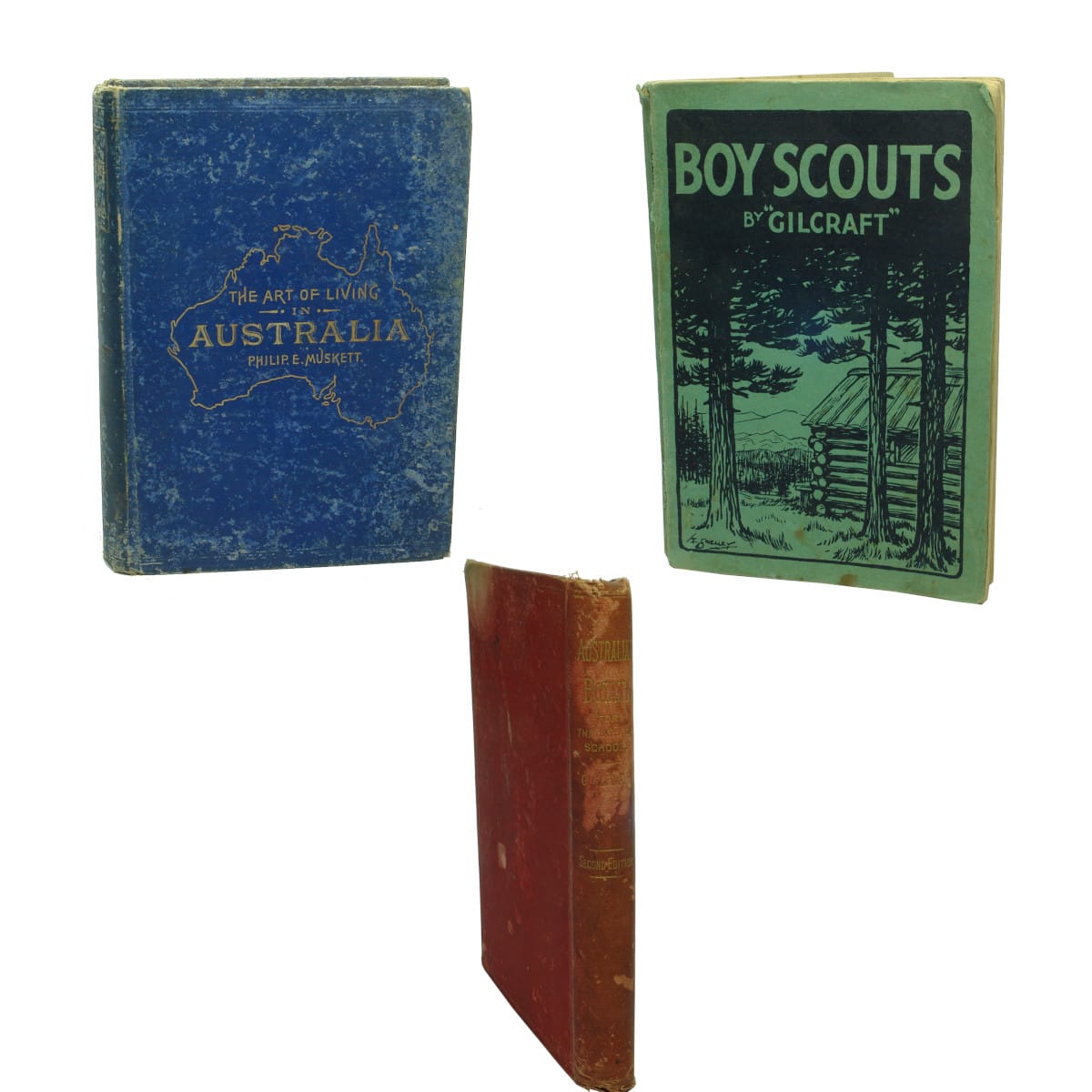 Three Books. The Art of Living in Australia. Philip E. Muskett. 1893. Australian Botany for the use of Schools. W. R. Guilfoyle. 2nd Edition. 1884. Boy Scouts by "Gilcraft". 1934. Signed 1st Mitcham Boy Scouts 1940.