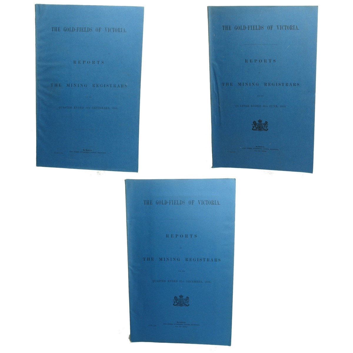 Three Books. The Gold-Fields of Victoria, Reports of The Mining Registrars. Sept 1884; June 1886 & Dec 1885. Maps and diagrams.
