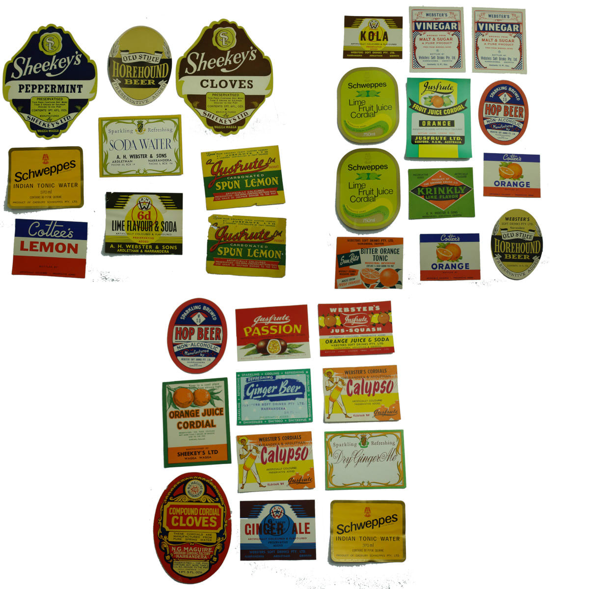 Labels. 32 x Labels: Sheekey's; Webster's; Schweppes; Jusfrute; Maguire.