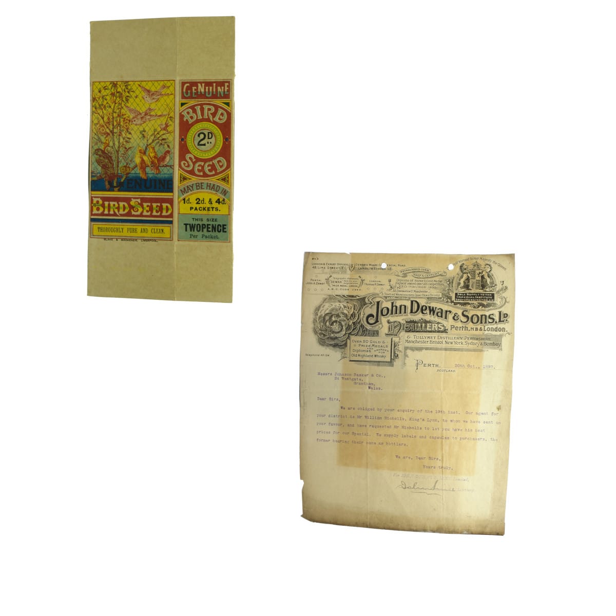 Two pieces of ephemera. Atlee's Special Bird Seed, unmade box & Letterhead from John Dewar & Sons Ltd (1897).