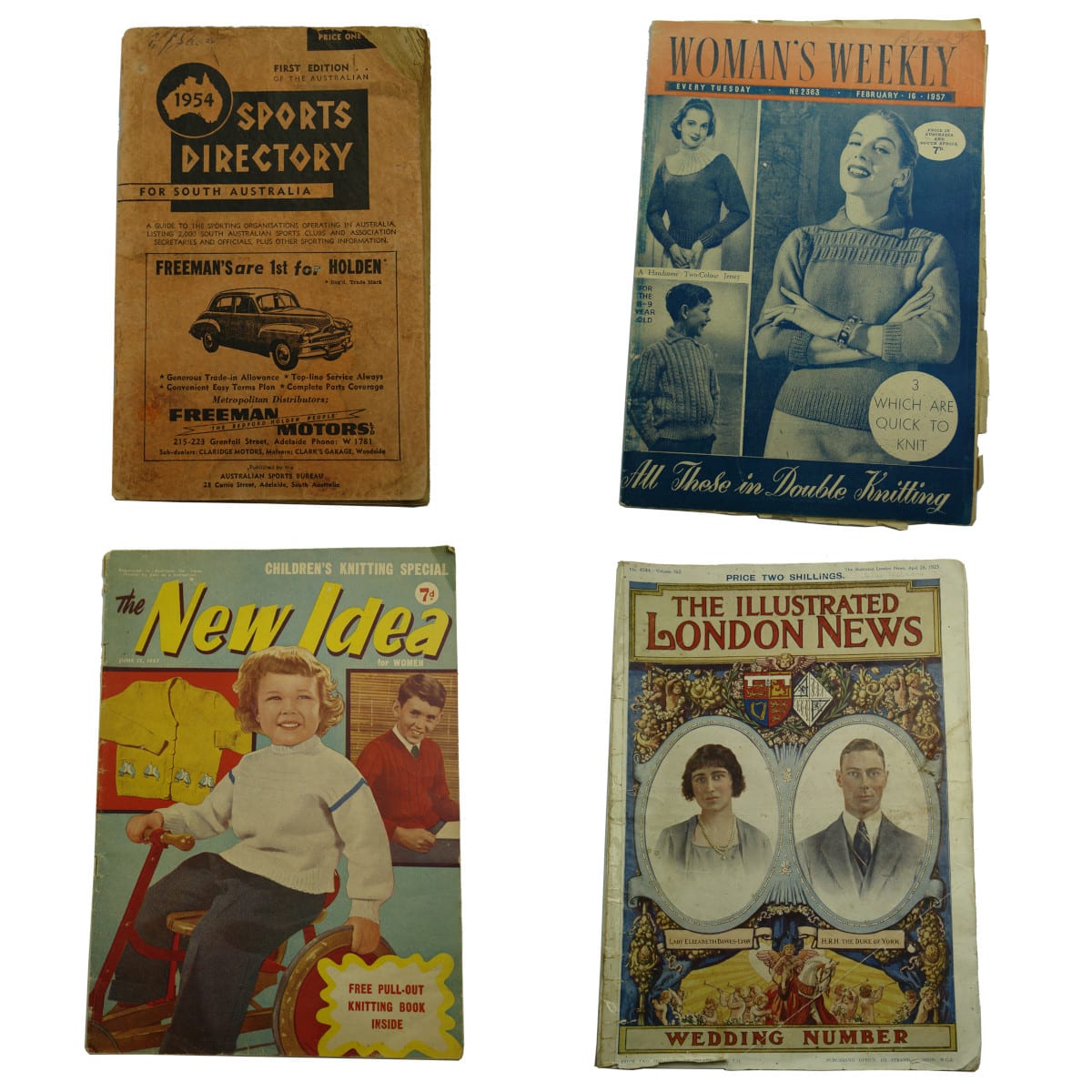 Ephemera. 1954 Sports Directory for South Australia; Woman's Weekly, No. 2363, February 16, 1957; The New Idea, June 12, 1957; The Illustrated London News, No. 4384, April 28, 1923.