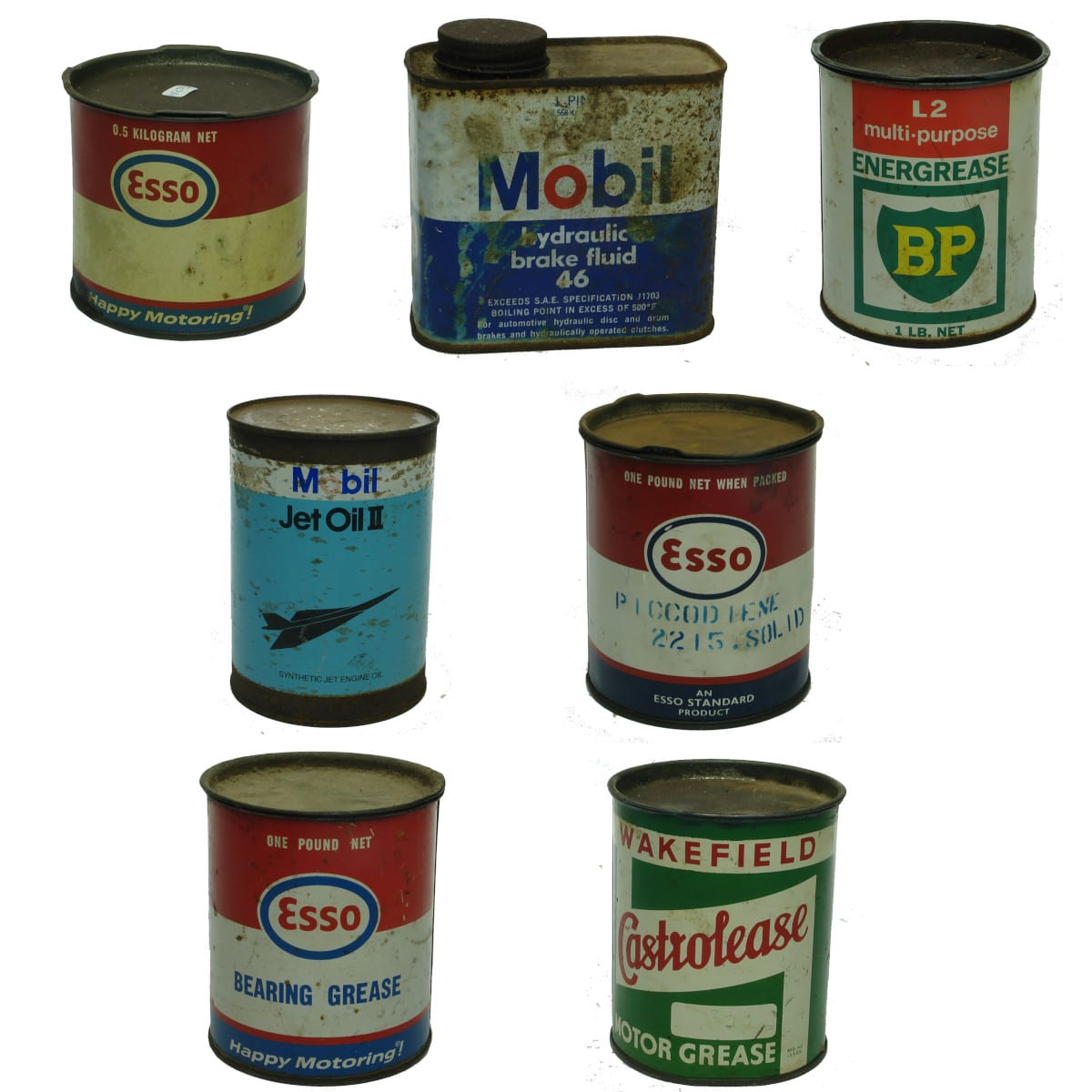 Seven Grease, Oil and even Jet Engine tins! Esso, Mobil, Wakefield. (Pickup only - Not for Post)