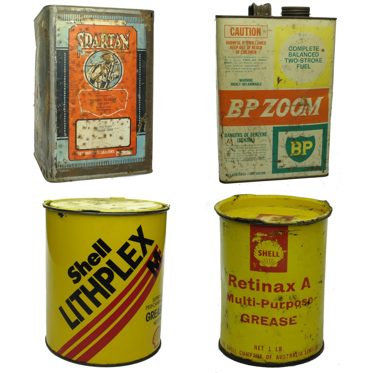 Four Garage type tins. Hardie Cycle Primer; BP Two stroke; Shell Lithplex; Shell Retinax.