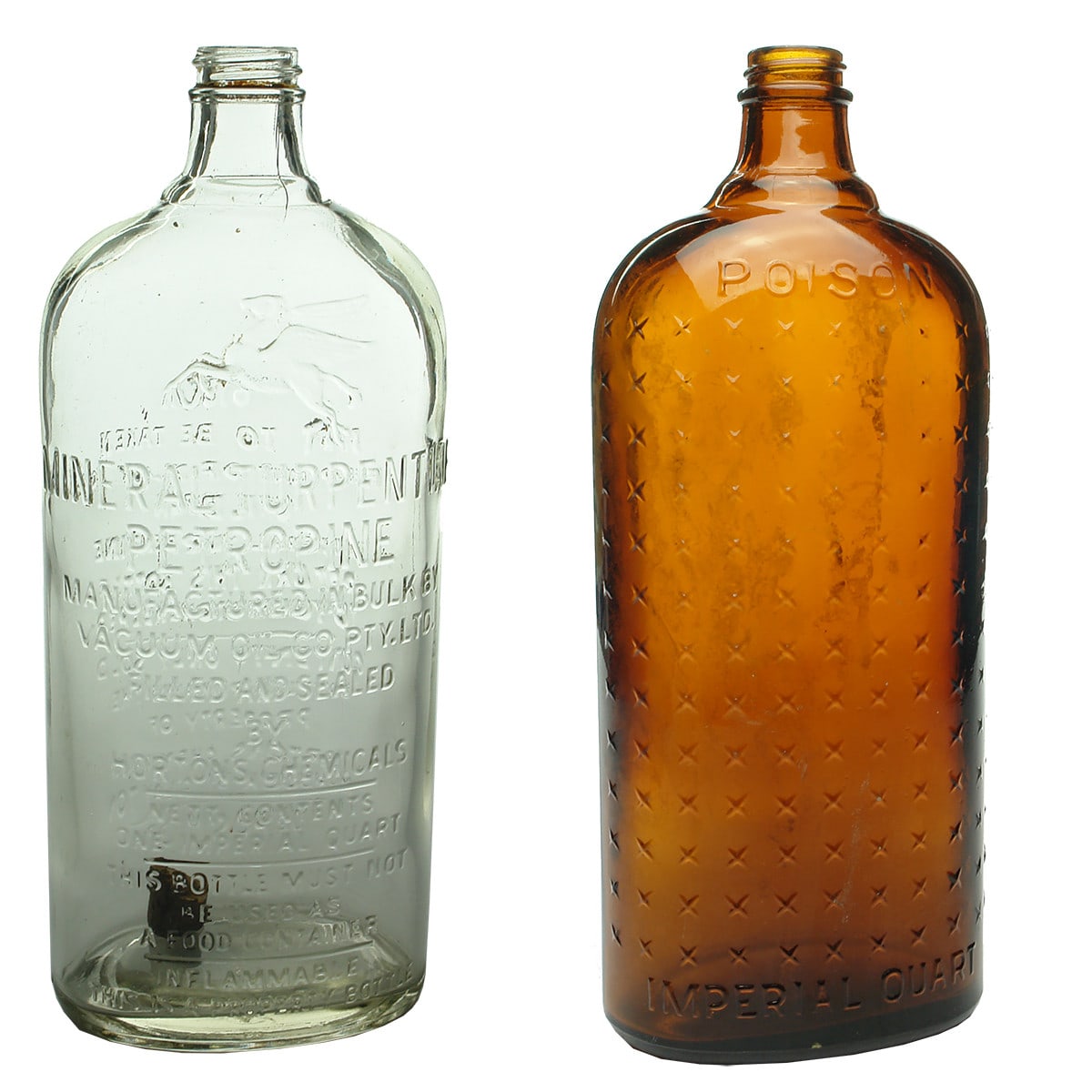 Pair of Quart bottles. Generic Amber Poison and Hortons Chemicals Turpentine.