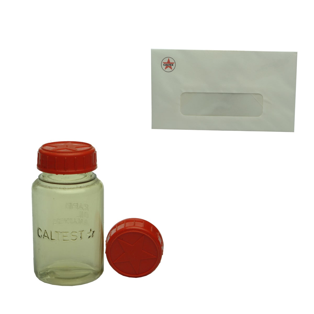 Group of Caltex Items: Six unused envelopes with Caltex letterheads. Oil Test Container. Caltex - Caltest. With two plastic caps with embossed stars.