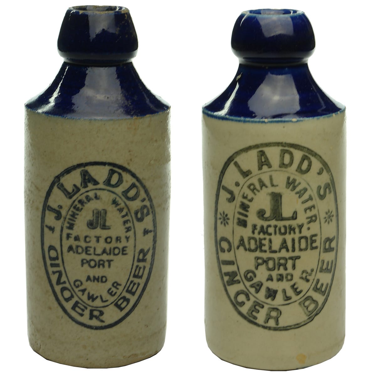 Two Ladd's Adelaide, Port & Gawler Ginger Beers. Bendigo Pottery & No Potters stamp. (South Australia)