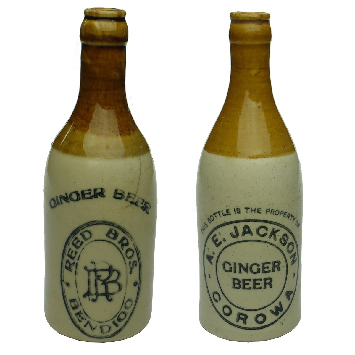 Pair of Crown Seal Ginger Beers. Reed Bros., Bendigo & A. E. Jackson, Corowa. (Victoria & New South Wales)