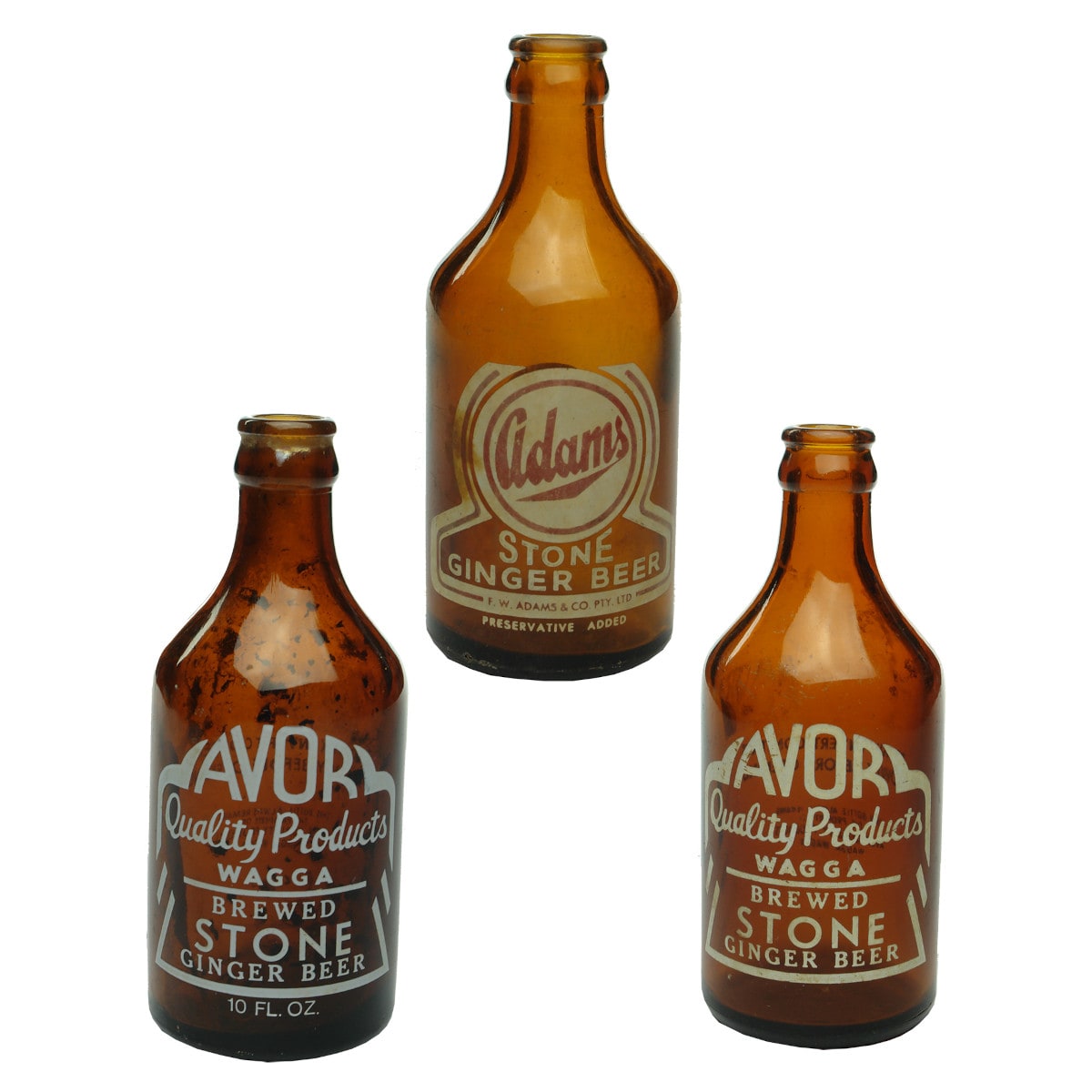 Three Amber Ceramic Label Crown Seal Ginger Beers: Adams, Broken Hill; 2 different Avor Products, Wagga. (New South Wales)