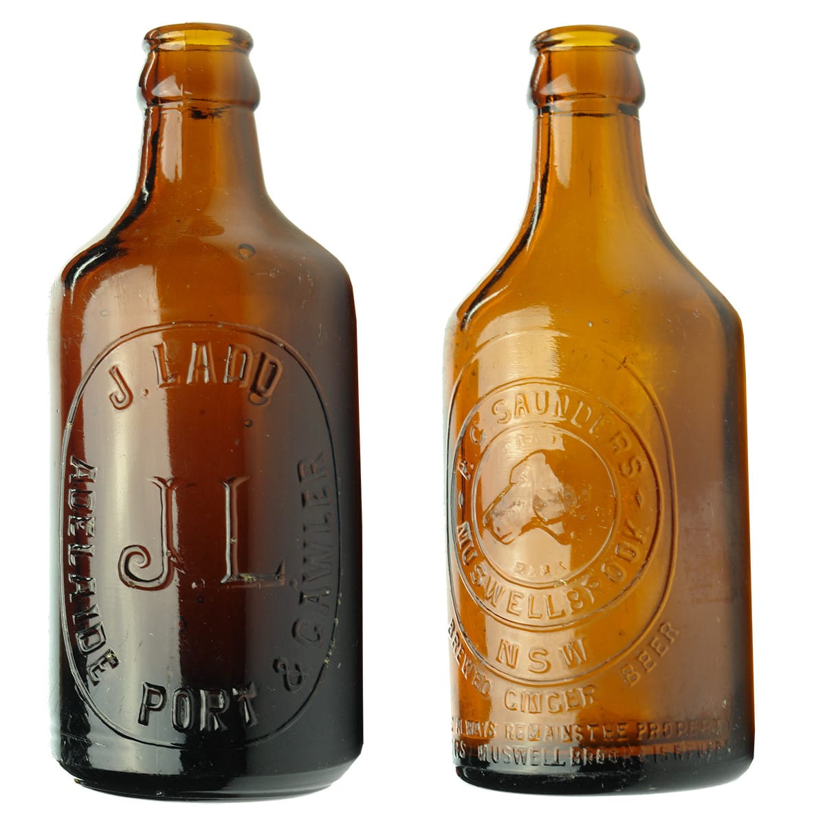 Pair of Amber Glass Ginger Beers: Ladd, Adelaide etc; Saunders, Muswellbrook.