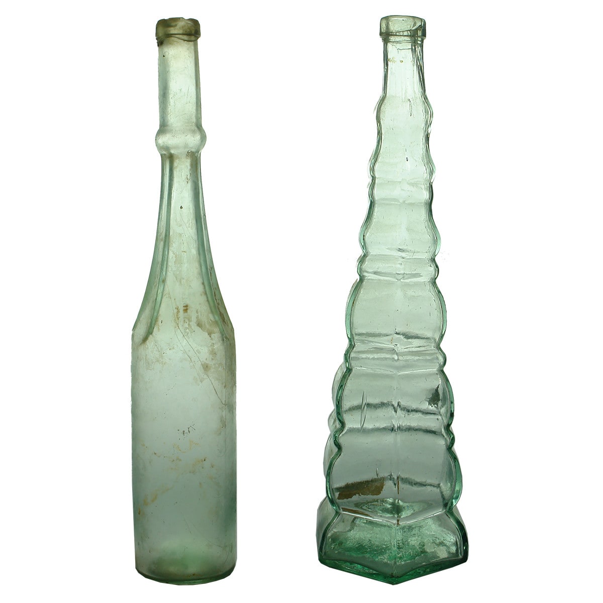 Pair of Middle sized Goldfields Salad OIls. Concave scalloped shoulder and Christmas Tree shapes. Aqua. 10 - 13 oz.