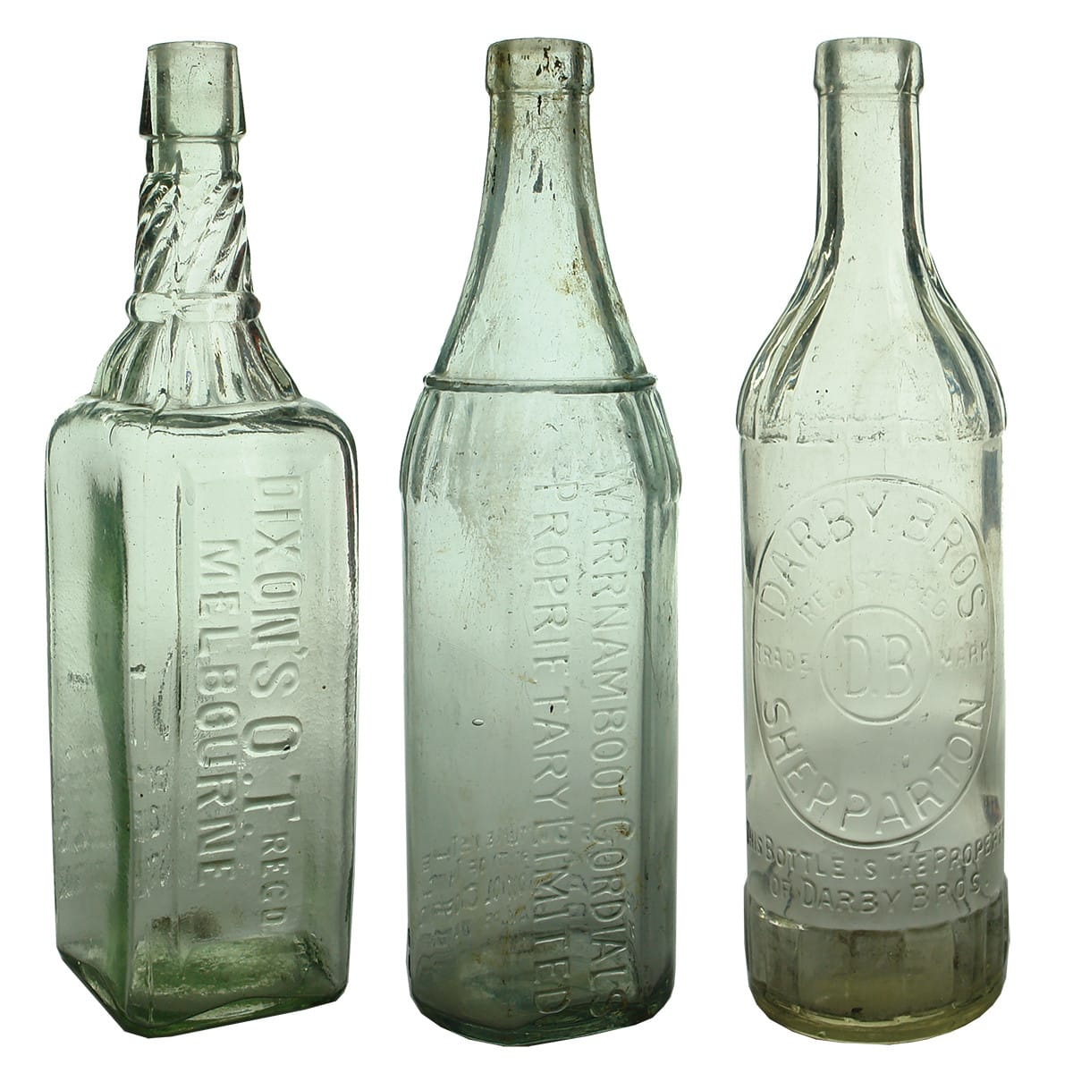 Three Victorian Cordials: O. T. J. Dixon, Melbourne; Warrnambool Cordials; Darby Bros., Shepparton. (Victoria)