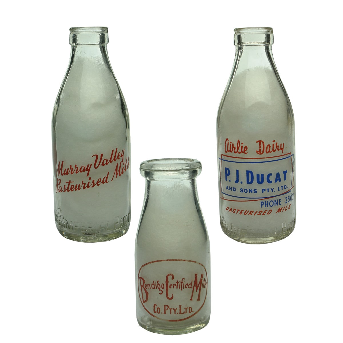 Three Ceramic Label Milks: Murray Valley; Ducat and Sons; Bendigo Certified. (Victoria)