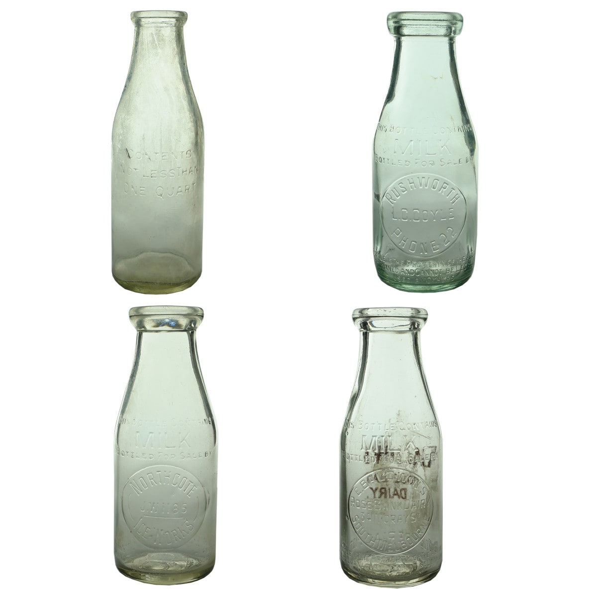 Four Milk Bottles: Plain Quart; Coyle, Rushworth; Northcote Ice Works; Baldwin's, South Melbourne. (Victoria)