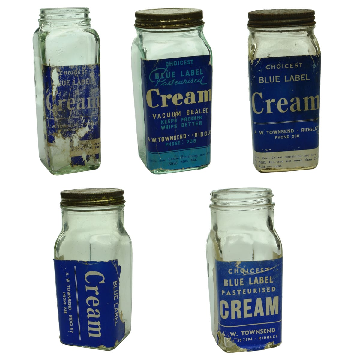 Five different Townsend, Ridgley Cream jars with labels. (Tasmania)