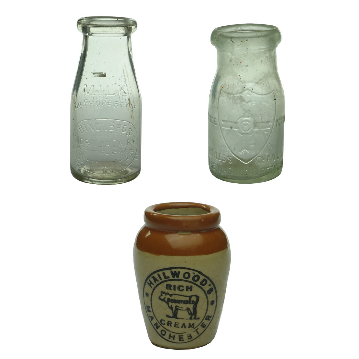 Three Milk of Cream bottles: Dixon Bros, Malvern; Willsmere, Melbourne; Hailwood's Manchester.