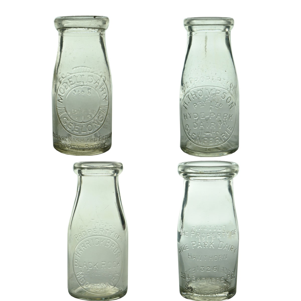 Four Milk or Cream Bottles: Modern Dairy Geelong; Thompson, Glenferrie; Harrick Bros, Black Rock; Hyde Park Dairy, Glenferrie. (Victoria)