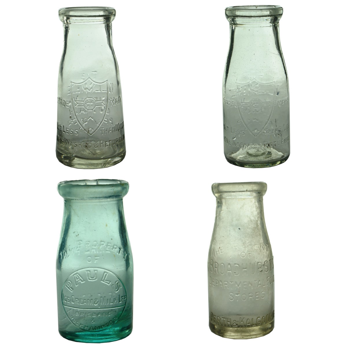 Four Milk or Cream Bottles: 2 x different Wilsmere Certified Milk Co; Pauls, Brisbane & Rockhampton; Broadhurst's Stores Perth & Kalgoorlie. (Victoria, Queensland & Western Australia)