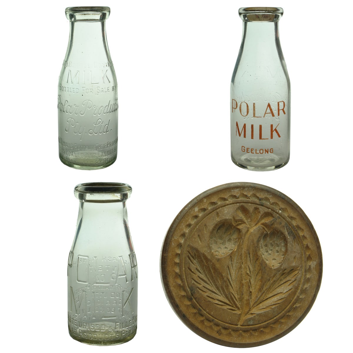 Four Dairy Items. Three different Polar Products, Geelong milk bottles. Wooden butter stamp with Strawberries pattern.