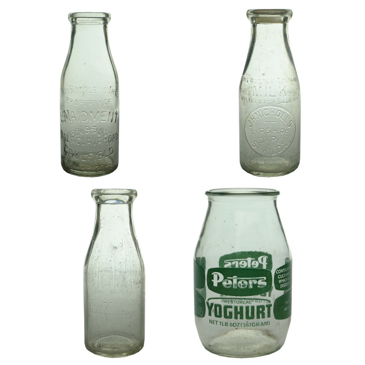 Four bottles. Three Pint Milks & a Yoghurt jar. Maidment, Caulfield; Nicholls, St Kilda; Stillicious, Oakes, Richmond. Peters Yoghurt. 1 LB 4 OZ. Green print (Victoria)