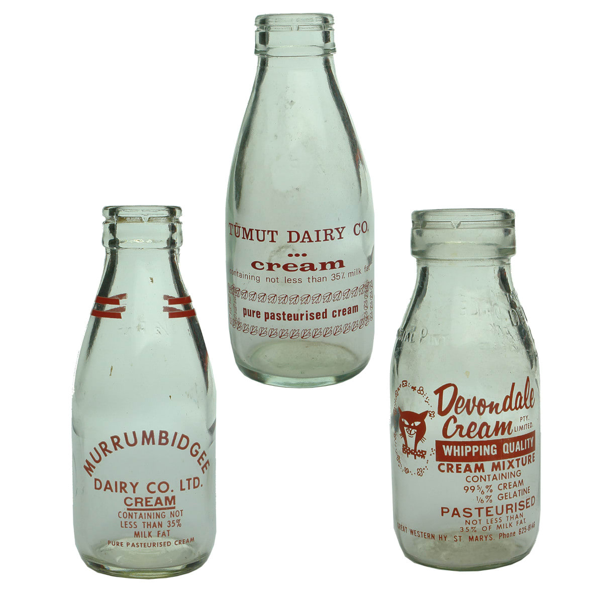 Three Ceramic Label Cream bottles: Tumut Dairy Co; Murrumbidgee Co-op Dairy Co; Devondale Cream Pty Ltd. St Mary's. (New South Wales)