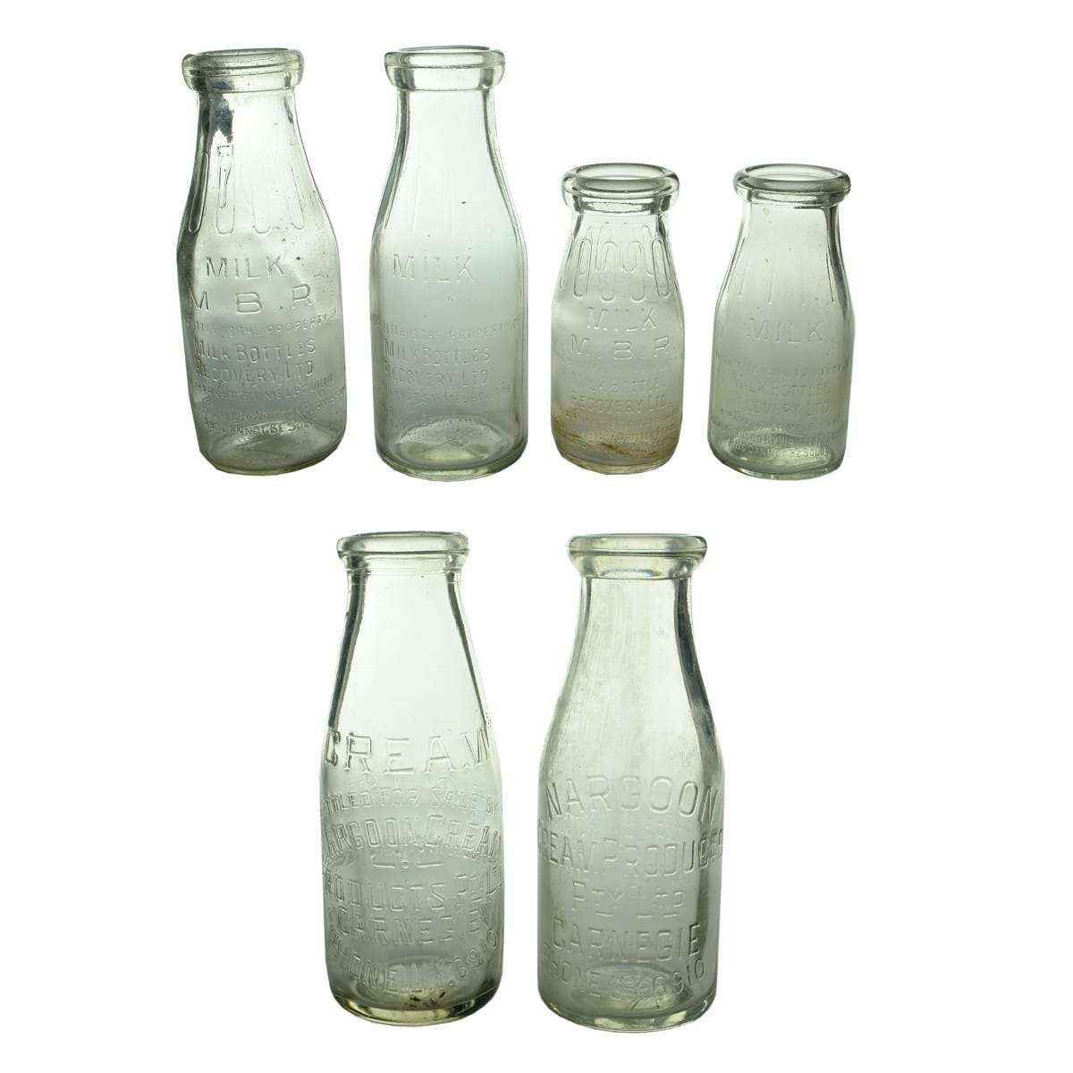 Milks x 6. Two styles of large and small Milk Bottle Recovery Ltd milk bottles and Two version of Nargoon Cream Products, Carnegie. (Victoria)