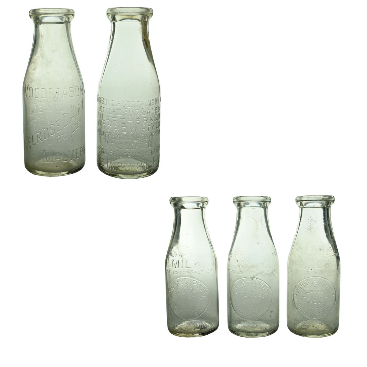 Milks x 5. Woodmason's Melrose Dairy, Malvern; H. Larcher & Son, Fitzroy; Grimes, Malvern; E. Brown, Northcote; Park View Dairy, Fairfield. (Victoria)