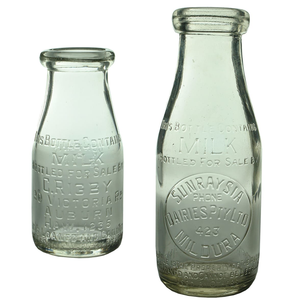 Milk. Pair of Victorian Milks: C. Rigby, Auburn, Wad Lip, 1/2 Pint; Sunraysia Dairies, Mildura, Wad Lip, 1 Pint. (Victoria)