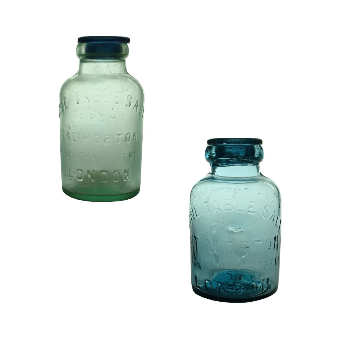 Pair of Salt Jars. 1. C. & E. Morton, London. Aqua. 2 Pound. With Lid. 2. J. T. Morton, London. Pale Blue. 2 Pound. With Lid. (United Kingdom)