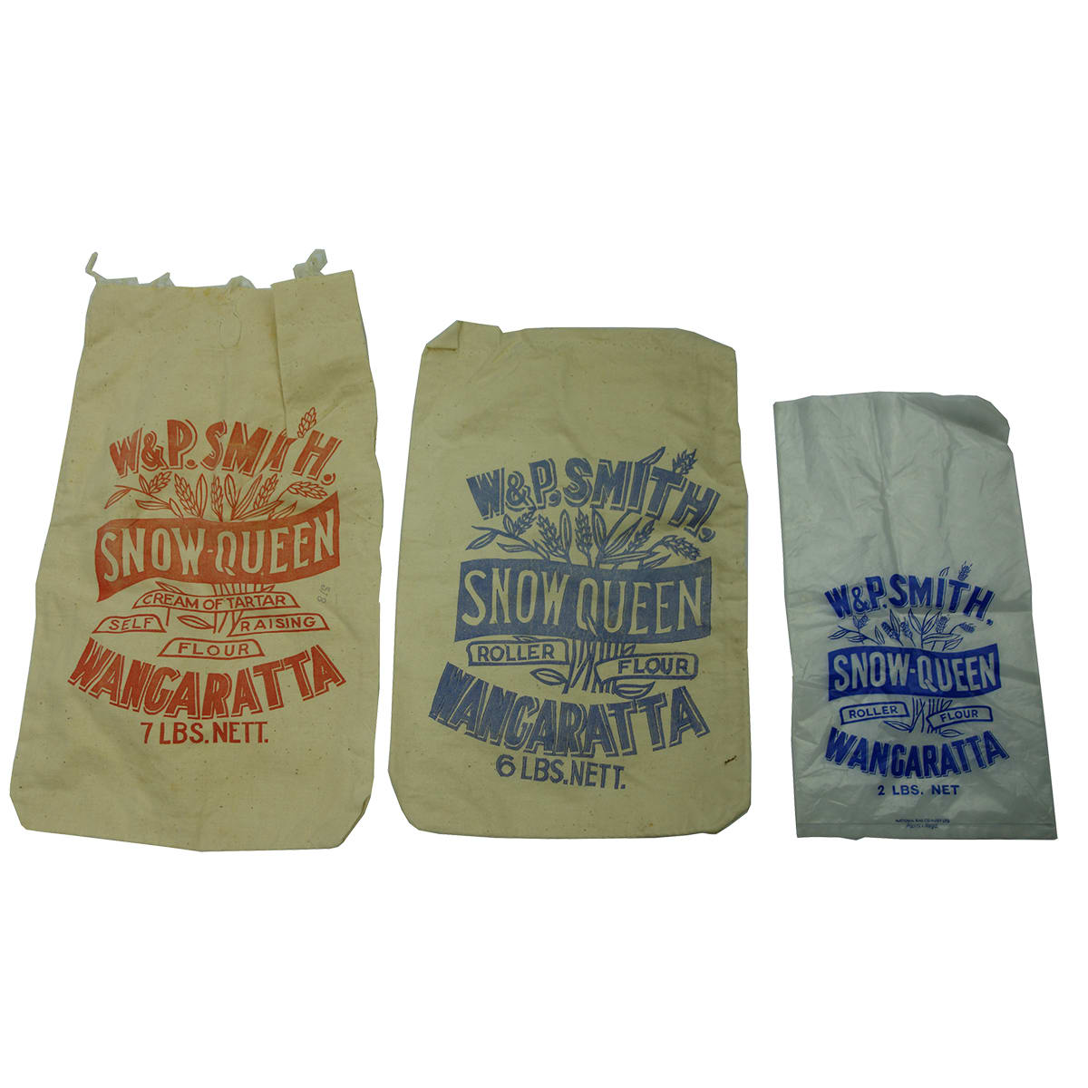 Three Flour bags. W. & P. Smith, Snow-Queen, Wangaratta. (Victoria)