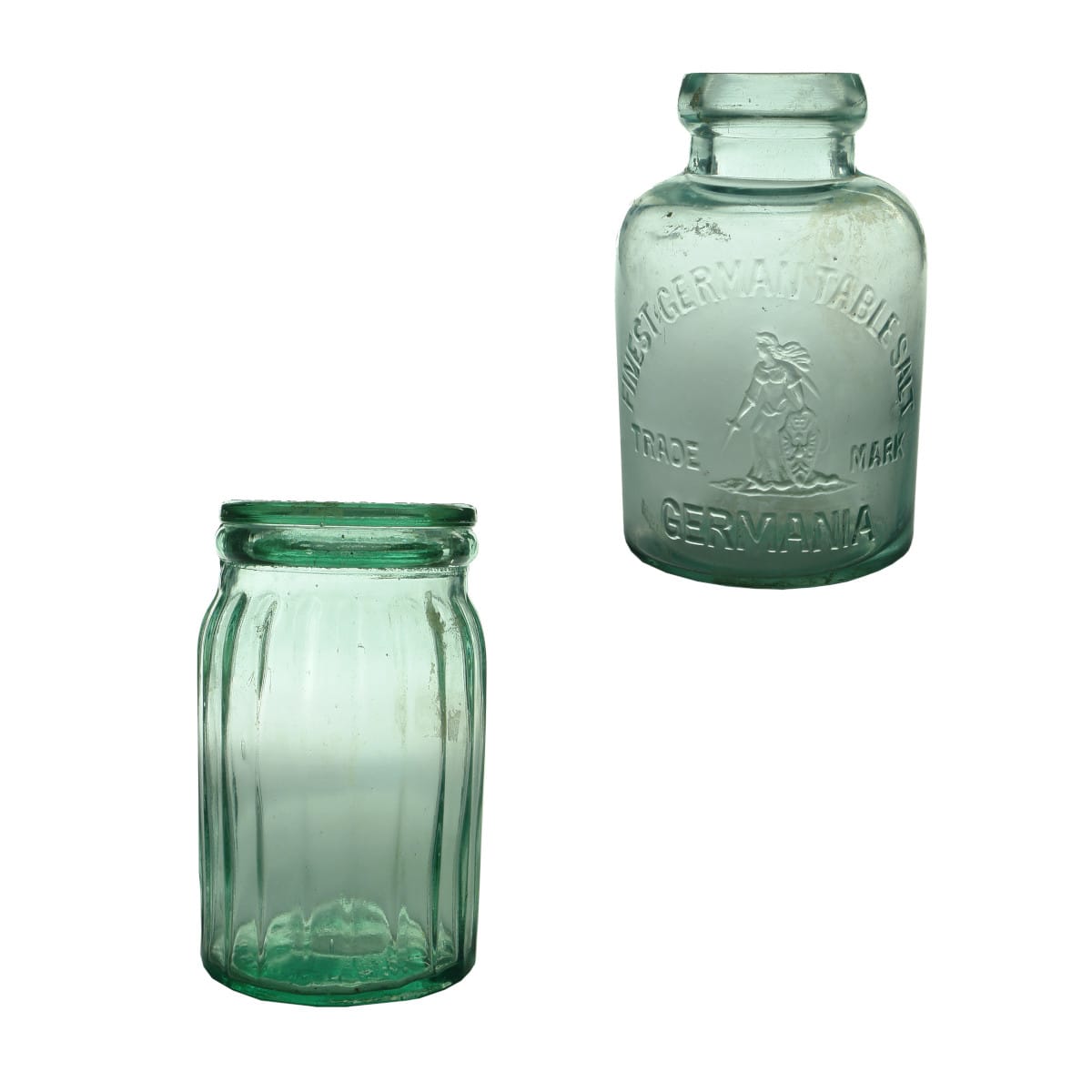 Pair of Salt Jars. 1. Finest German Table Salt. Aqua. 2. J. H. Brough & Co., Liverpool. Base Embossed. Aqua. 2 Pound. Original Lid.