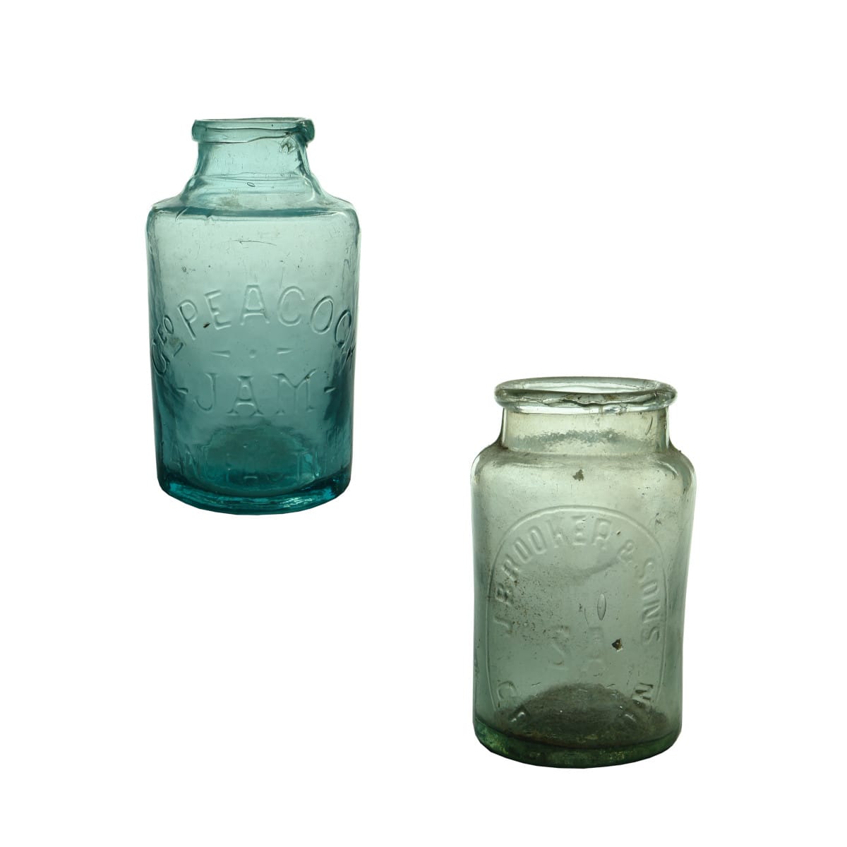 Pair of Jam Jars. Geo Peacock. Aqua. 2 Pound. (New South Wales) J. Brooker & Sons, Croydon. Aqua. 1/2 Pint (South Australia)