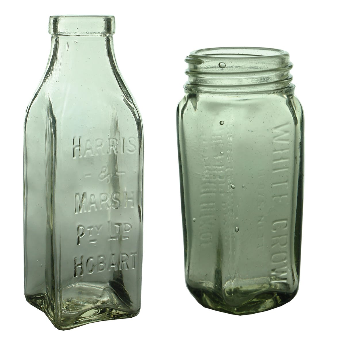 Pair of Jars: Harris & Marsh, Hobart; Francis Longmore, White Crow.