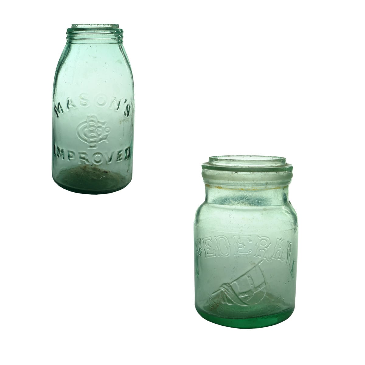 Pair of Australian Fruit Jars. 1. Mason's Improved. Botany Glass Works. Half Gallon. 2. Federal. Aqua. Quart. (New South Wales)