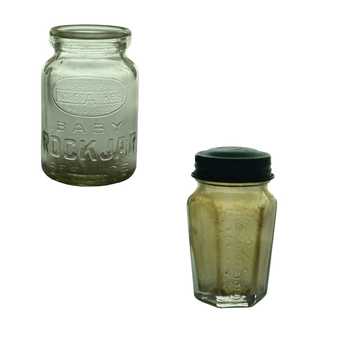 Pair of Lolly Jars. Sweetacres Baby Rock Jar. 110 mm tall. & Sample Jar. MacRobertsons. Clear. 1 oz.