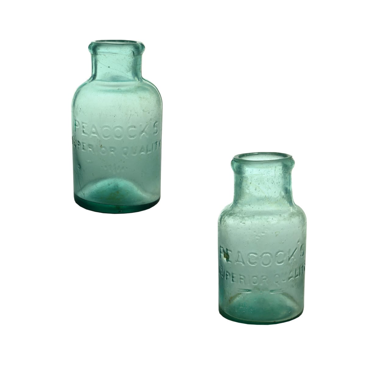 Pair of Jam Jars. Peacock's Superior Quality. Aqua. Large & small sizes. 2 & 1 Pound. (New South Wales)