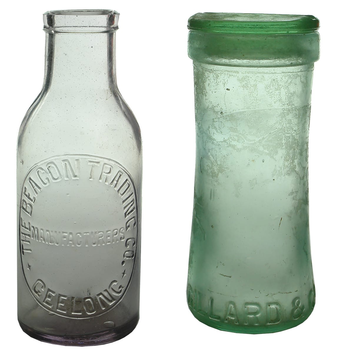 Pair of Jars. Beacon Trading Co., Geelong pickle and Gillard & Co., London with embossed lid.