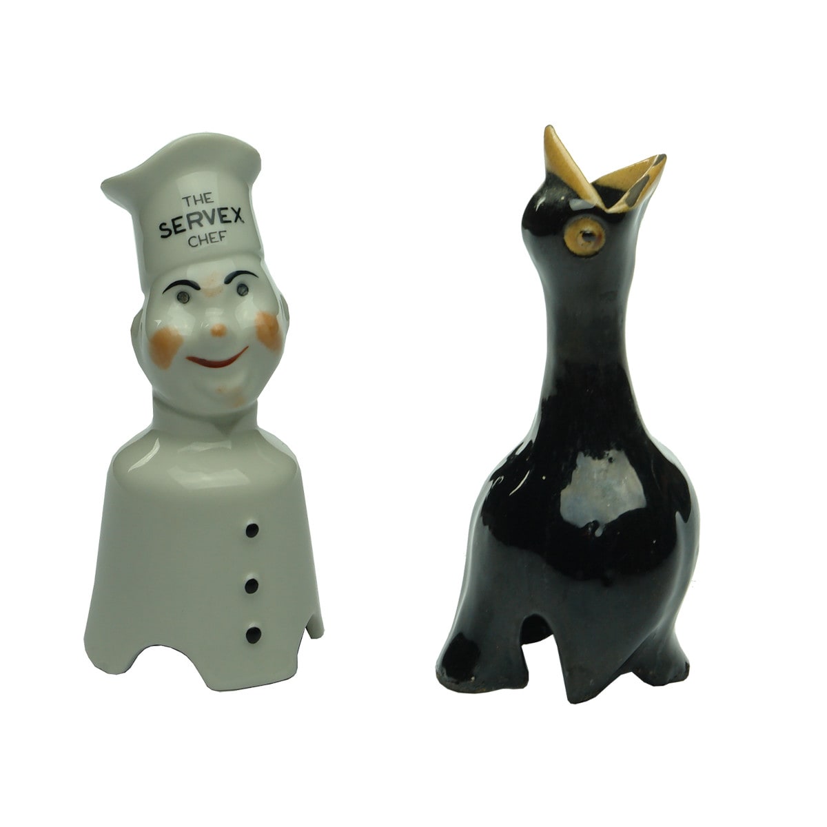 Two figural Pie Funnels: Servex Chef and Black Bird.