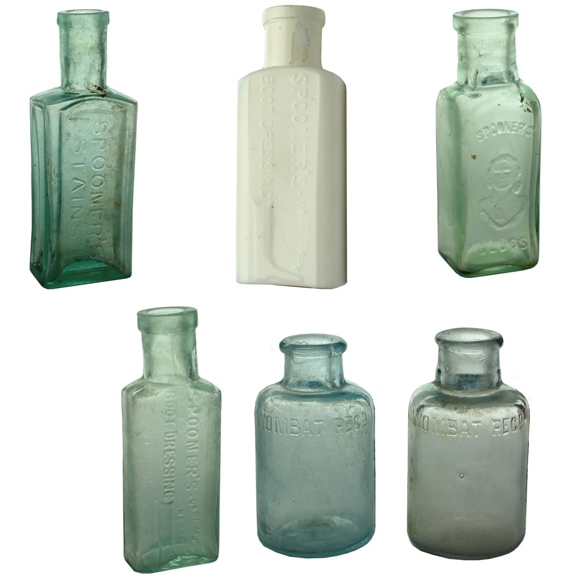 Six Polish Bottles: Four Spooners bottles: Stains, Gloss, Boot Dressing. Including a rare Milk Glass Boot Dressing. Pair of Wombat Regd. Polish jars. Different Colours. 4 oz. (Melbourne, Victoria)